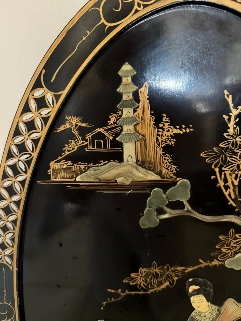 Vintage Japanese lacquer panel with mother -of pearl inlay and gold decoration.